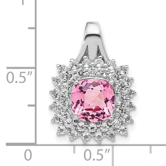 925 Sterling Silver White Topaz & Barbie Pink Tourmaline Square Necklace Pendant - Picture 2 of 2